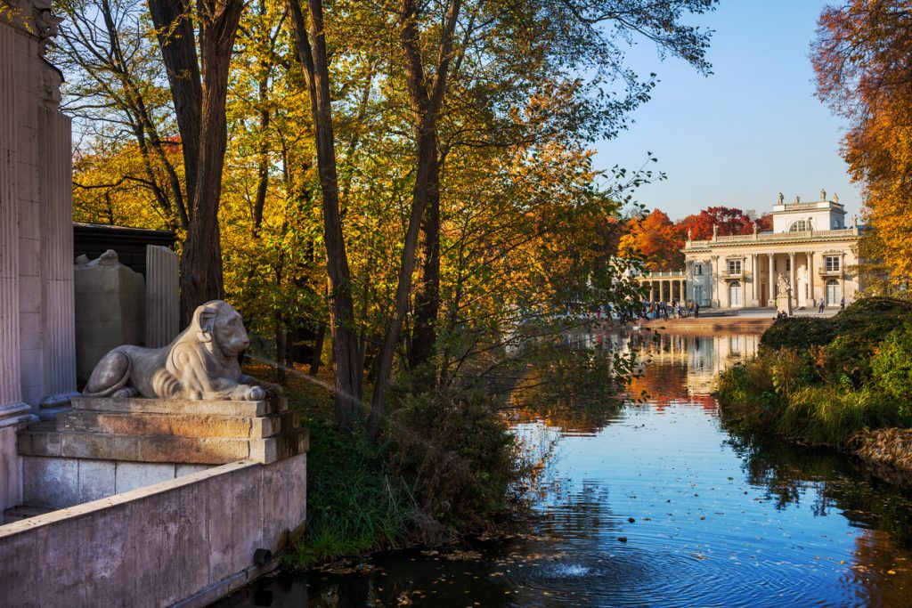 Herbstlicher Łazienki-Park mit Palast auf der Insel, Löwenskulptur und ruhigem Wasser in Warschau.