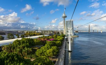 Moderne Flusslandschaft in Lissabon mit schwebender Seilbahn über dem Tejo, dem weißen Vasco-da-Gama-Turm/Hotel und der Vasco-da-Gama-Brücke im Hintergrund.