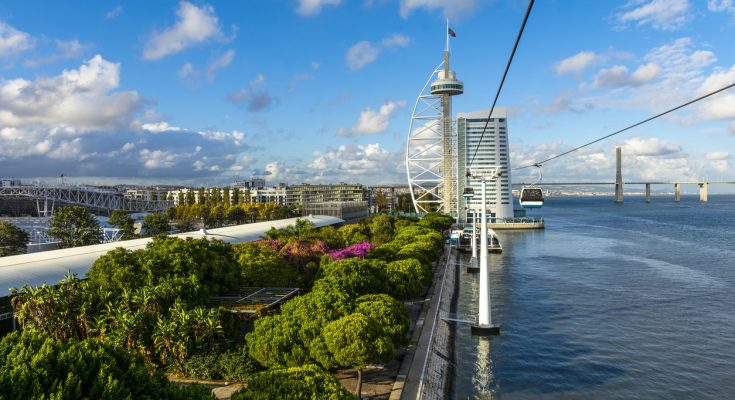 Moderne Flusslandschaft in Lissabon mit schwebender Seilbahn über dem Tejo, dem weißen Vasco-da-Gama-Turm/Hotel und der Vasco-da-Gama-Brücke im Hintergrund.