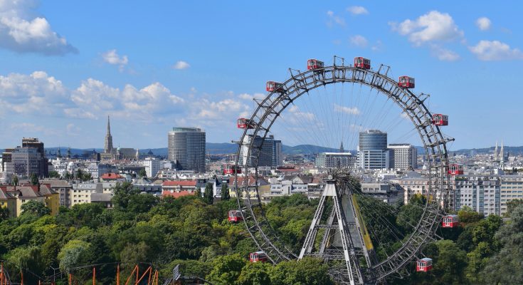 Riesenrad im Wiener Prater vor Skyline mit Stephansdom und Hochhäusern.